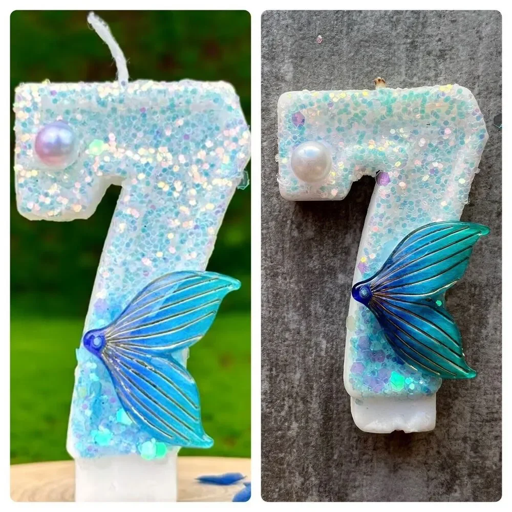 Cake Candle Teal Glitter Cake Topper Girl Little Mermaid Birthday Party 7 USED